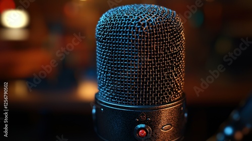 Close-up microphone in dimly lit recording studio photo