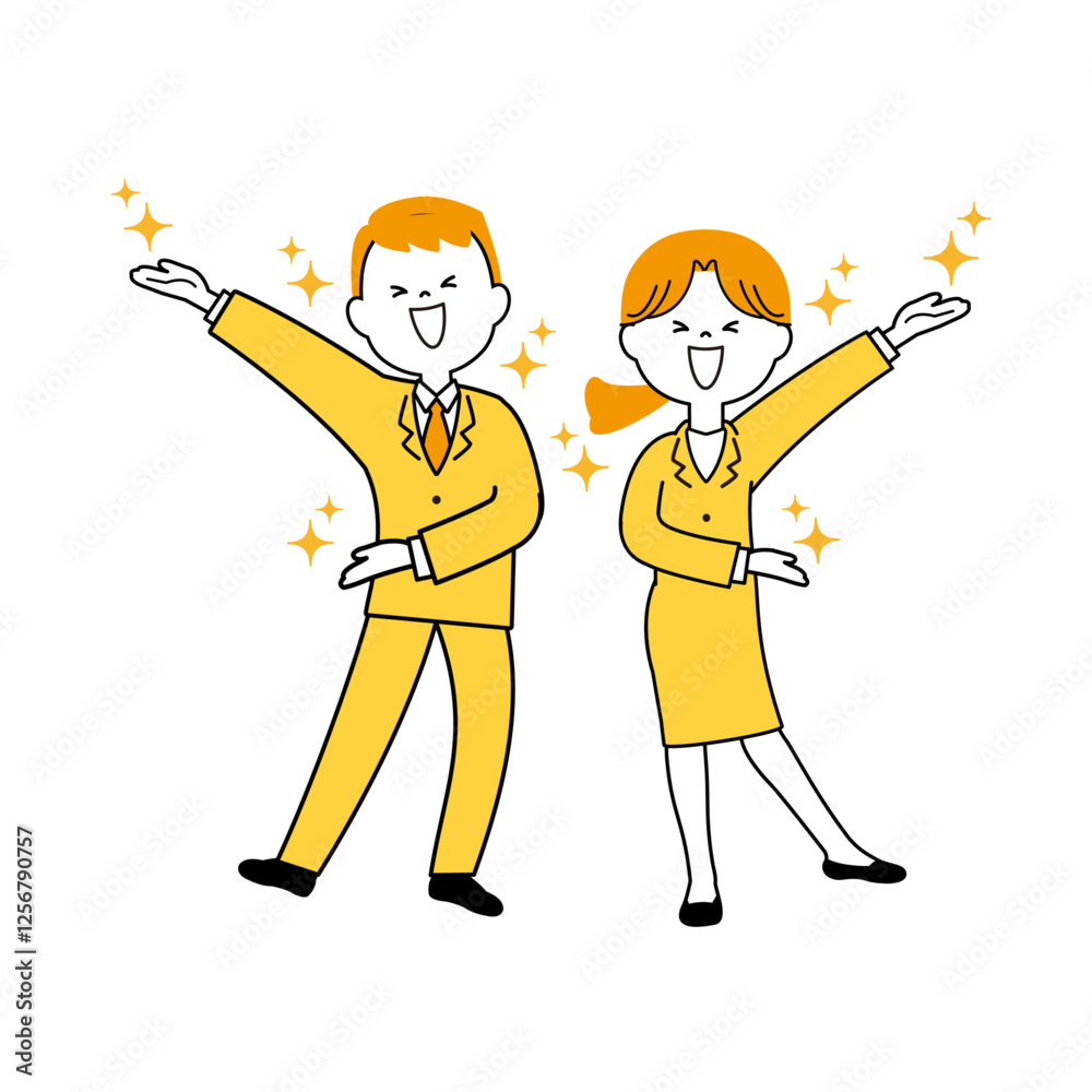 どうぞのポーズの輝くビジネスマンとOL