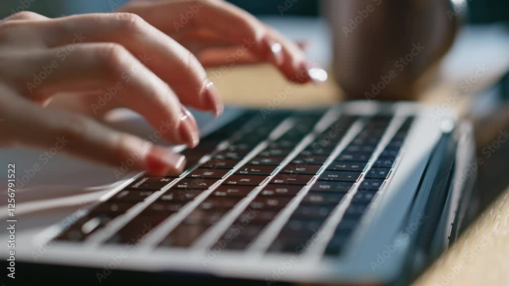 Gentle hands typing keyboard laptop at office closeup. Unrecognizable freelancer