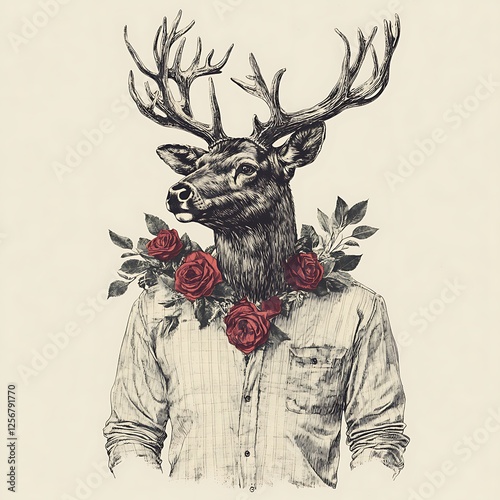 Abstract deer in human shirt with roses. Possible use Graphic design, art print photo