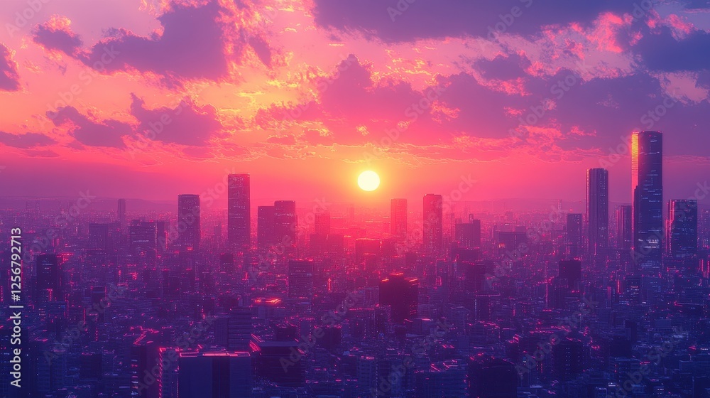 Fototapeta premium Pink Sunset over Cityscape