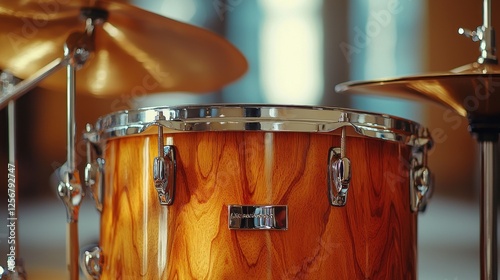 Close-up of wooden drum set in rehearsal room photo