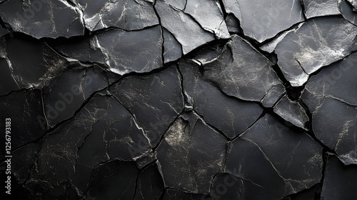 Close-up shot of a dark, cracked stone texture. The image showcases a rough, abstract pattern Macro Texture Backgrounds. Abstract Dark Cracked Stone Texture: A Monochromatic Masterpiece photo