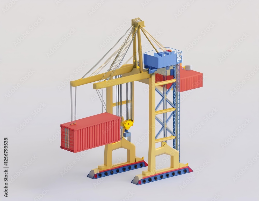 3D gantry crane lifts a shipping container at a port 3D gantry crane lifts a shipping container at a port