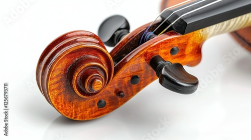 Close-up violin scroll on white background, musical instrument detail photo