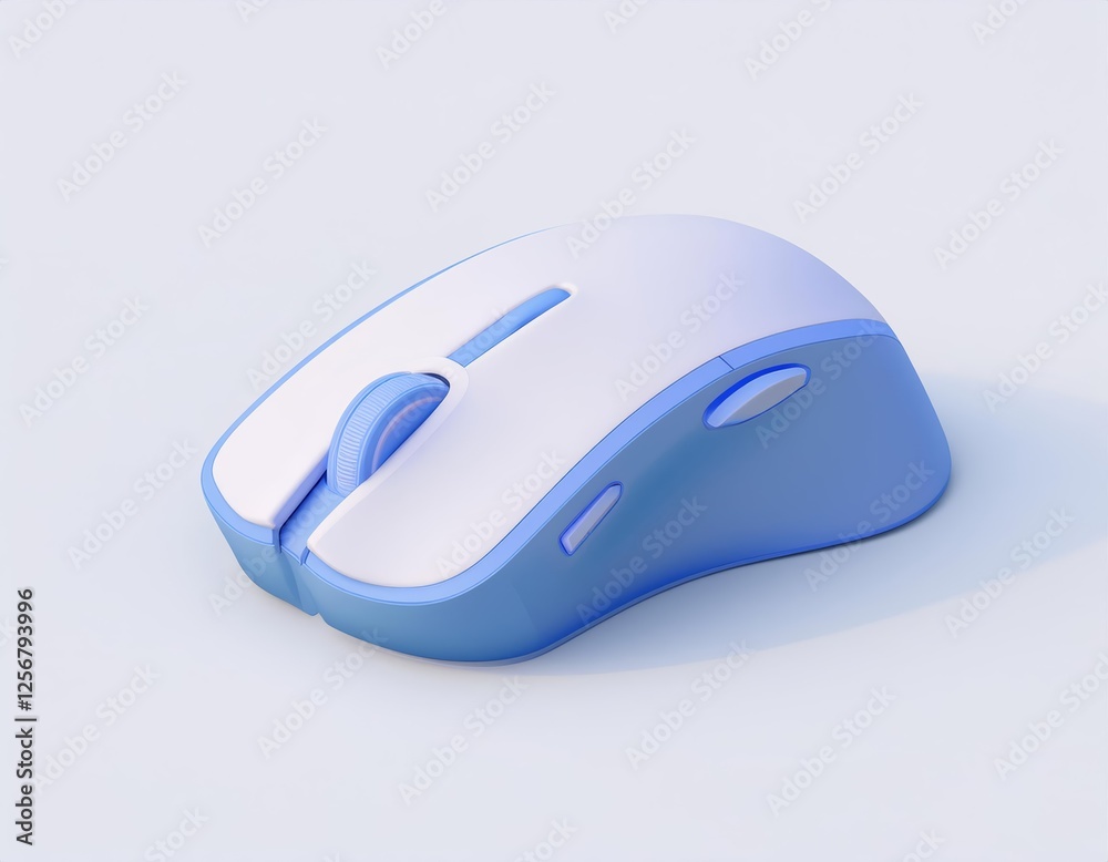 3D sleek light blue wireless computer mouse rests on a white surface 3D sleek light blue wireless computer mouse rests on a white surface