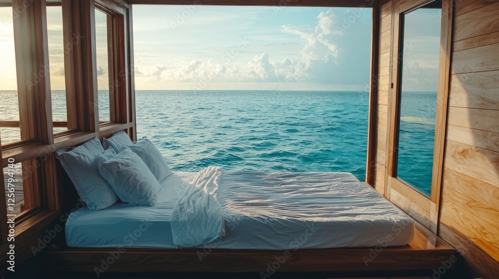 Fototapeta premium Tranquil Ocean View from Bedroom in Wooden Cabin Over Water