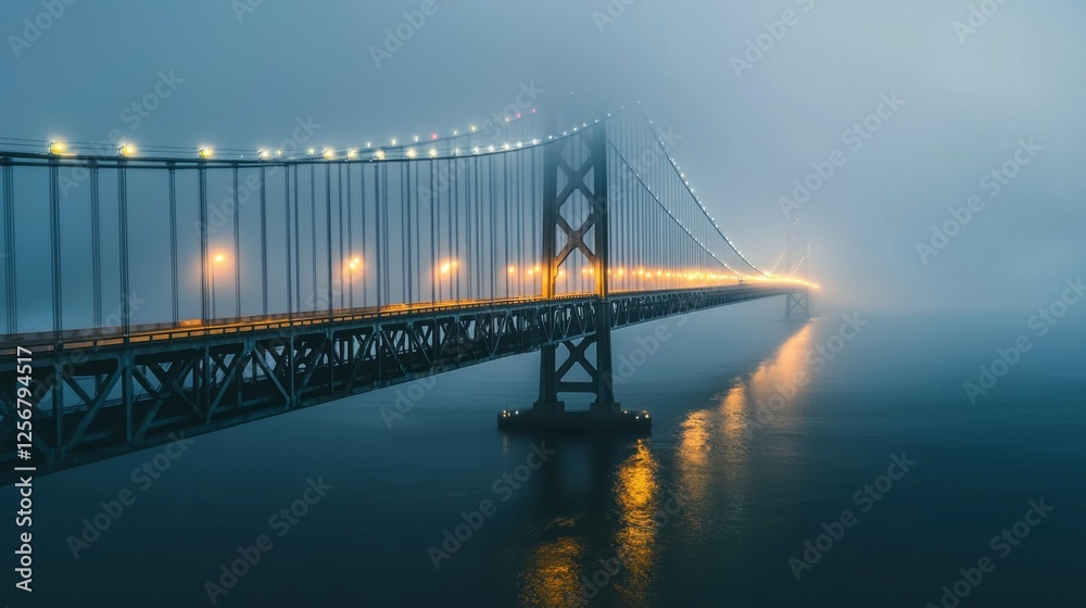 Fototapeta premium Foggy Evening Scene of a Bridge Illuminated by City Lights