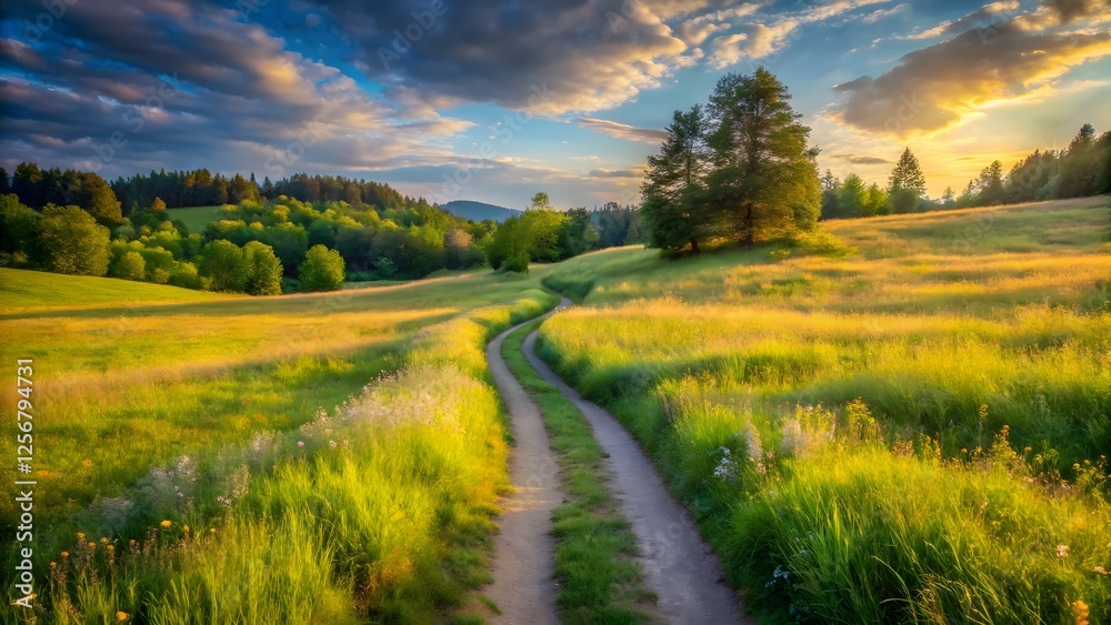 Fototapeta premium Summer Country Road Sunset Landscape