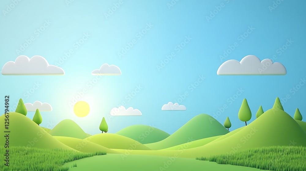 Obraz premium Idyllic Cartoon Landscape With Rolling Hills and Sun