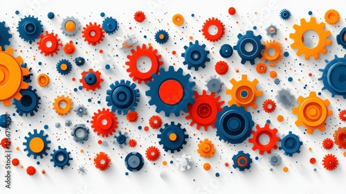 Colorful arrangement of gears in various sizes and colors on a white background, symbolizing teamwork and innovation