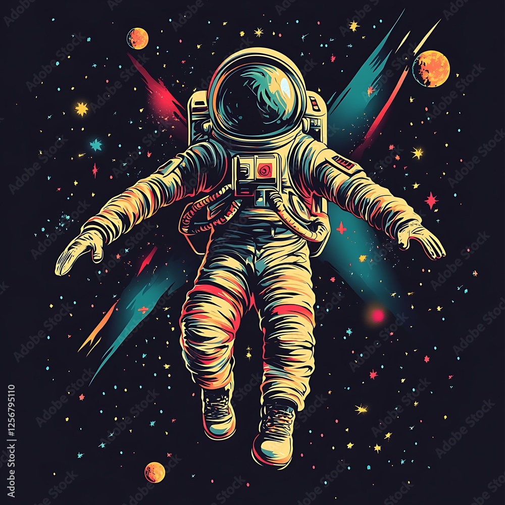 Fototapeta premium Astronaut in Space, Floating, Colorful Graphic Art, Space Exploration, Poster