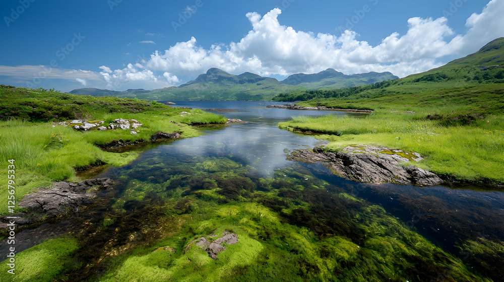 Calm loch reflecting mountains under a summer sky Calm loch reflecting mountains under a summer sky