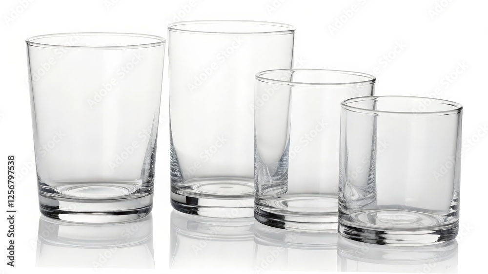 Four Empty Glass Tumblers on White Background Four Empty Glass Tumblers on White Background