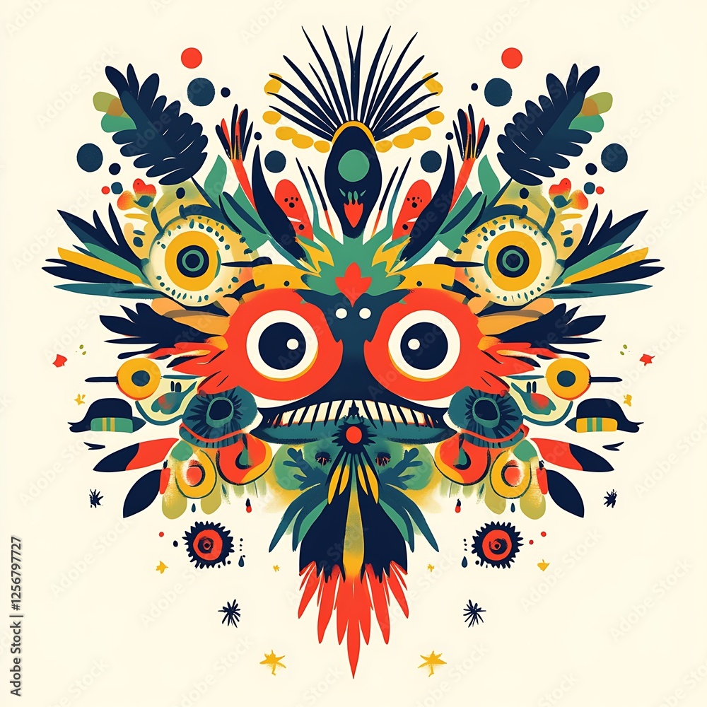 Fototapeta Colorful abstract mask design, vibrant patterns, symmetrical composition, possible use in graphic design