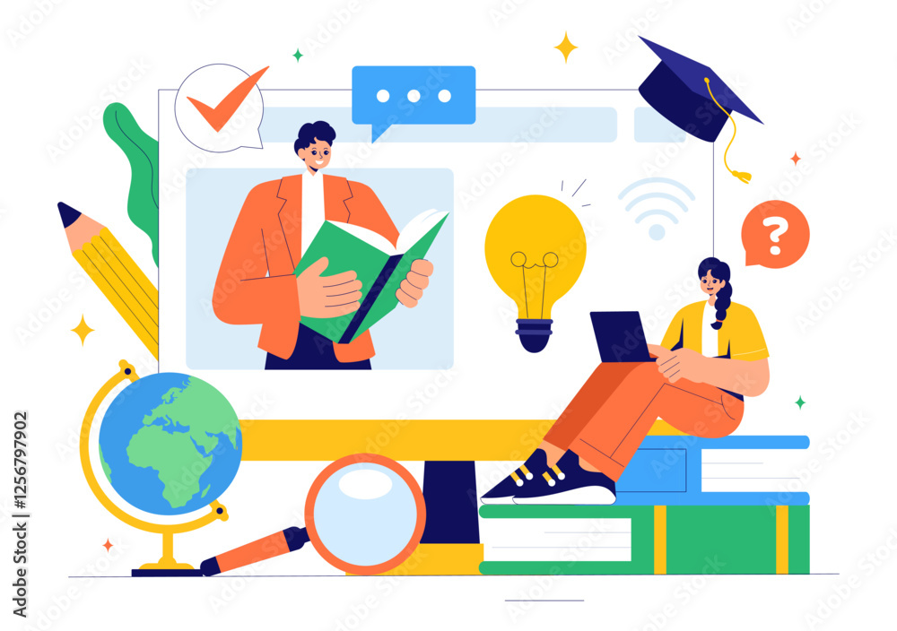 Fotografie Online Education and Knowledge Books Vector Illustration Featuring People Studyi