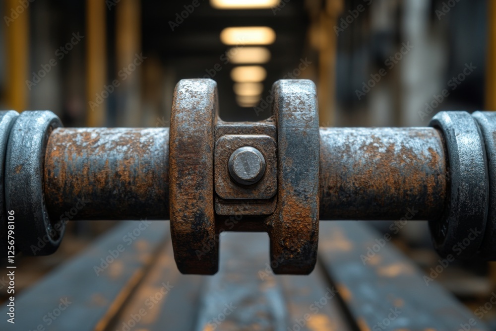 Industrial pipeline with rust and wear in a mechanical setting Industrial pipeline with rust and wear in a mechanical setting