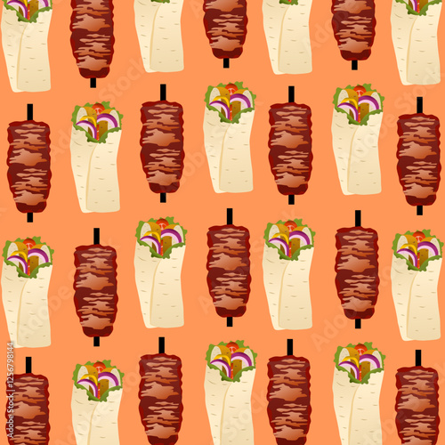 Background pattern kebab. Seamless pattern of Doner Kebab. Concept of shawarma, street food, barbecue, cuisine. Fresh vegetables. Packaging background. Vector hand drawn Illustration
