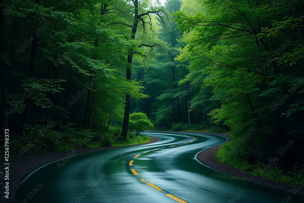 Obraz premium Curving wet road through lush green forest in calm natural setting