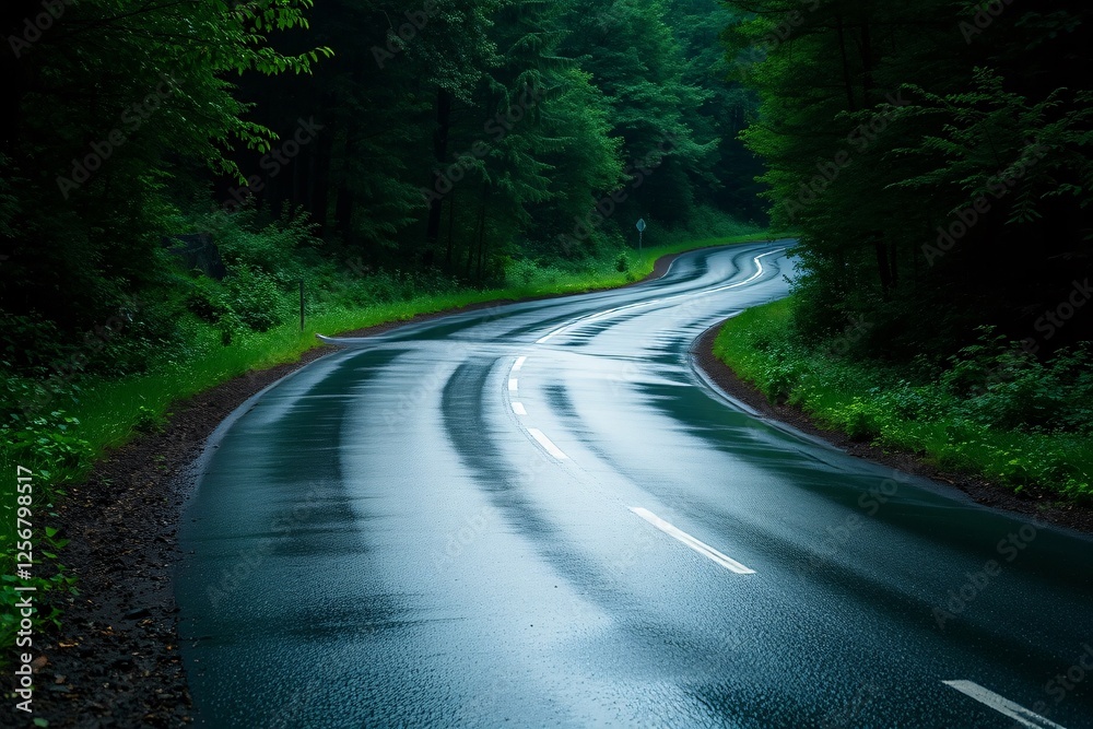 Fototapeta premium Curving wet road through lush green forest in calm natural setting