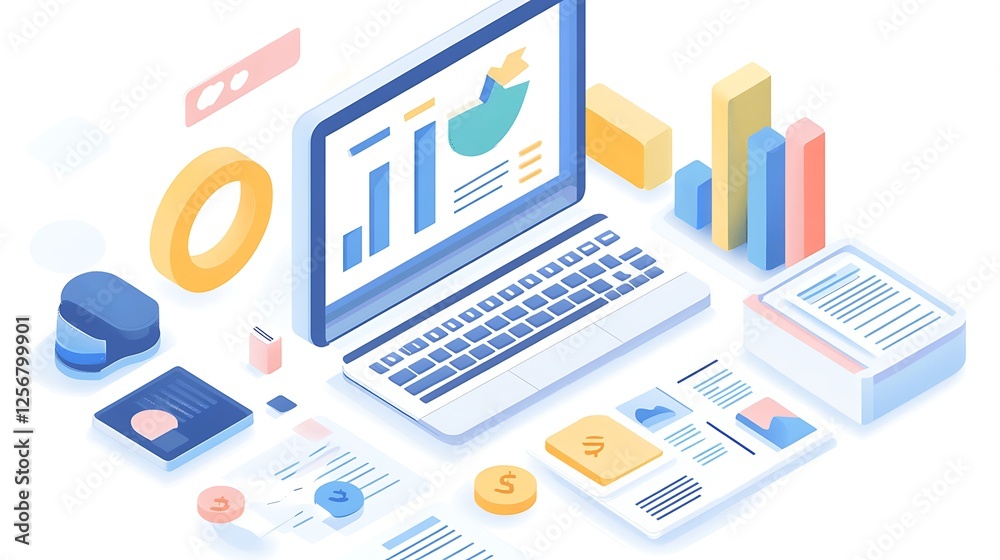 Isometric Laptop with Data Graphics, Business Documents, and Charts Isometric Laptop with Data Graphics, Business Documents, and Charts