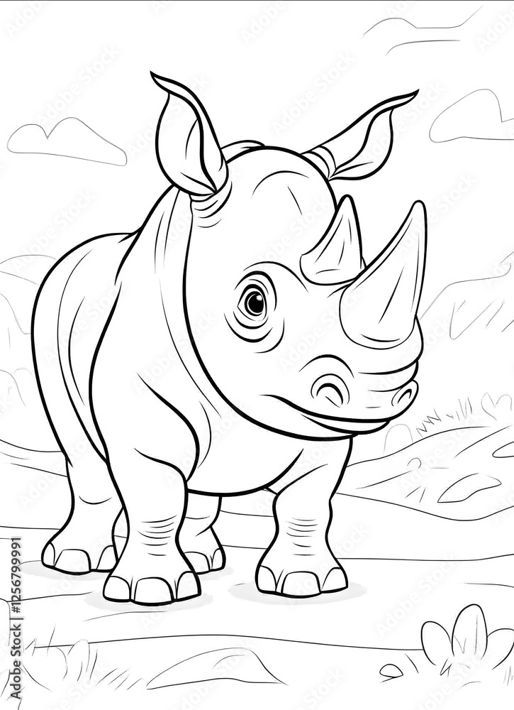 Fototapeta premium coloring page for kids Rhino cartoon style on white background medium detail thin lines