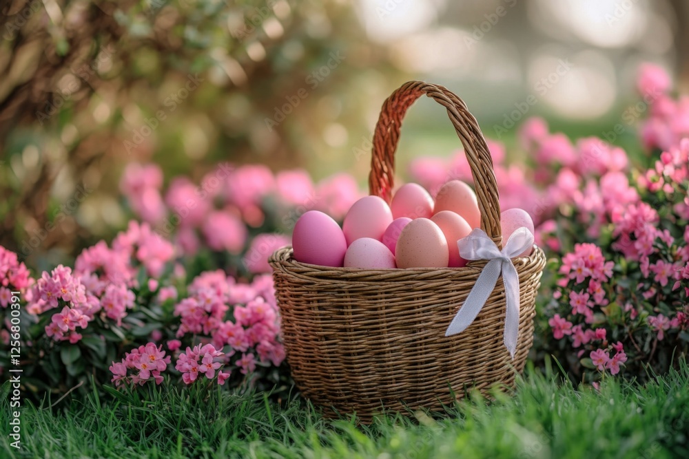 Spring picnic basket filled with fresh pink eggs on green grass Spring picnic basket filled with fresh pink eggs on green grass