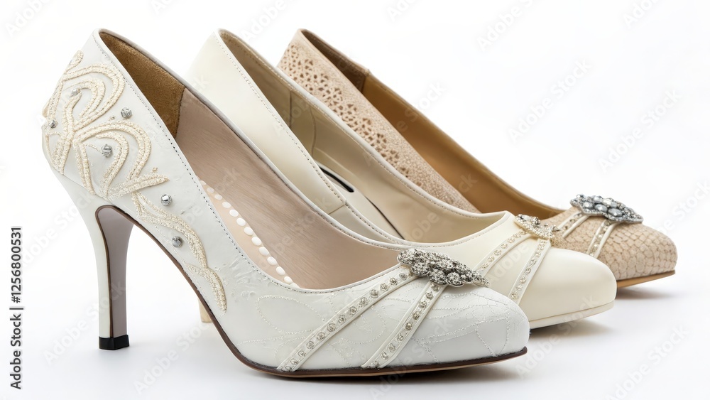 Three Women's High-Heel Shoes on White Background Three Women's High-Heel Shoes on White Background