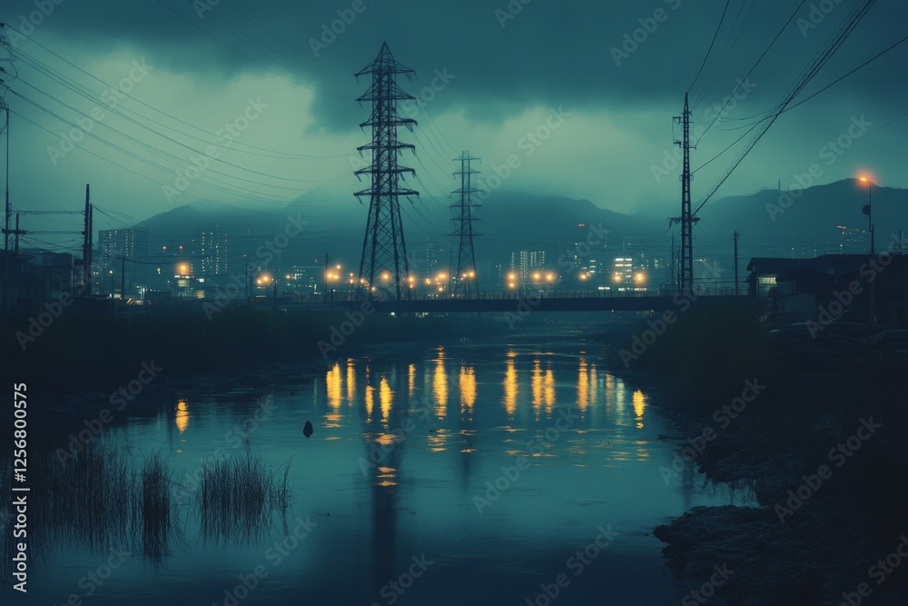 Fototapeta premium Moody landscape of a river under a cloudy sky at twilight