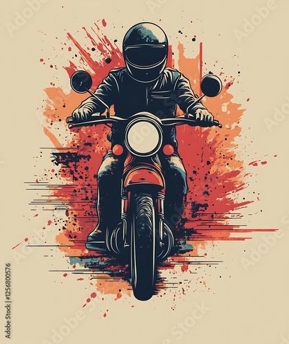 Motorcyclist on a vintage motorcycle in a dynamic splash background; Graphic design photo