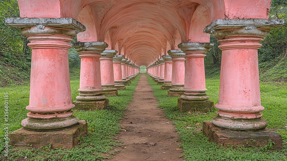 Pink columns pathway garden, perspective, nature, serenity, travel Pink columns pathway garden, perspective, nature, serenity, travel
