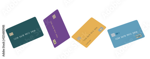 Four mock generic credit cards are seen floating over a white background. Text area available on the cards and background.