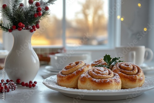 Festive Christmas table setting with pastries and holiday decorations