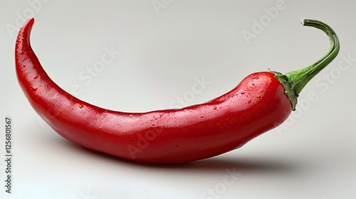 A single vibrant red chili pepper rests on a white background photo