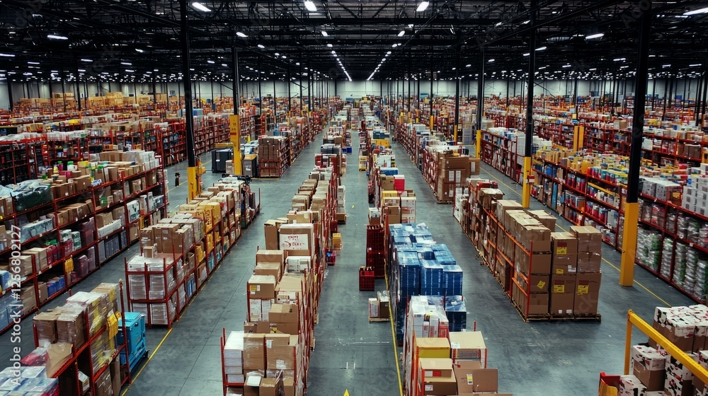 Vast Distribution Warehouse Filled with Colorful Packed Boxes Vast Distribution Warehouse Filled with Colorful Packed Boxes