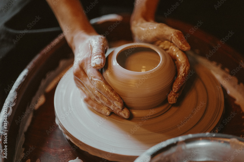 Person Working on a Clay Wheel, Shaping the Beginning of a Pot Person Working on a Clay Wheel, Shaping the Beginning of a Pot