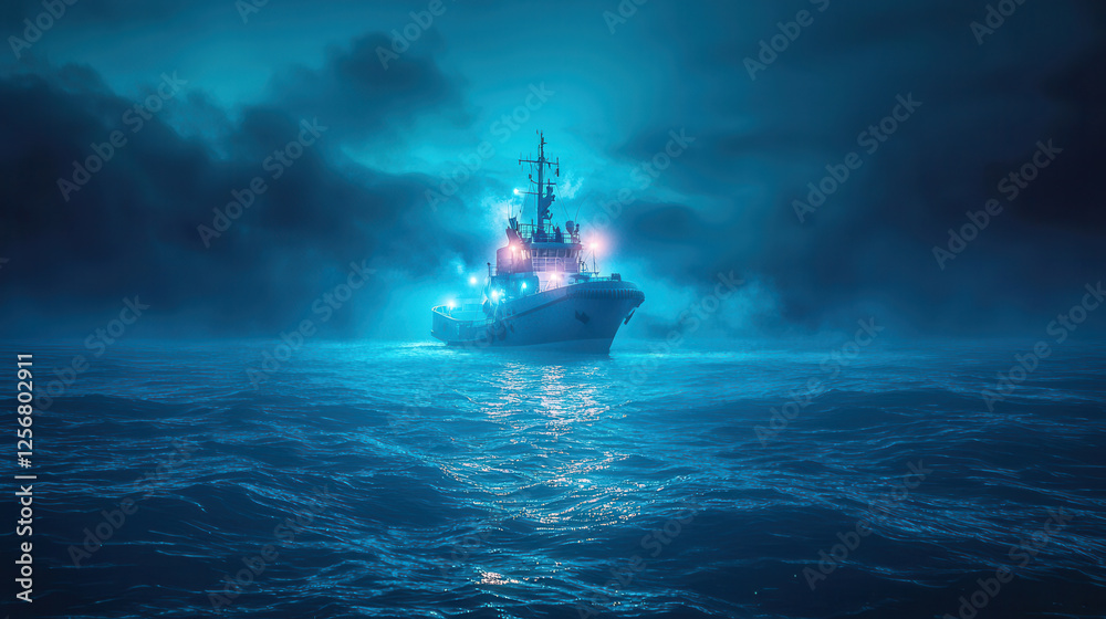 Fototapeta premium high tech ship navigating through dark, misty waters with glowing lights. scene evokes sense of mystery and adventure