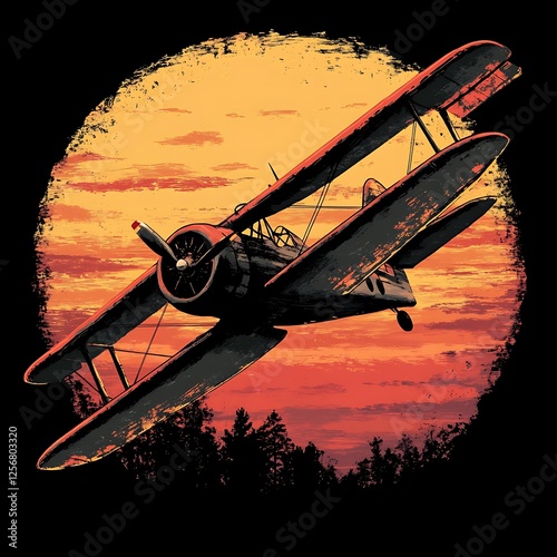 Vintage biplane flying at sunset over forest. Graphic design. Possible use T-shirt design