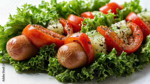 Delicious sausages wrapped in fresh lettuce with tomatoes, cucumber, and spices, offering a healthy and flavorful meal option photo