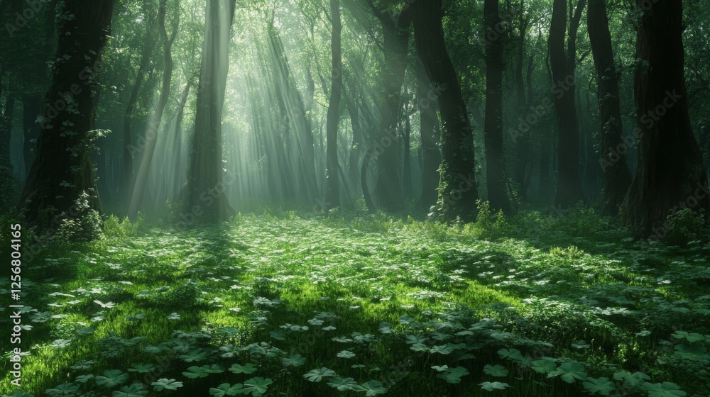 Fototapeta premium Sunbeams Illuminate Lush Green Forest Floor