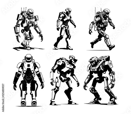 Six black and white robotic soldier designs.