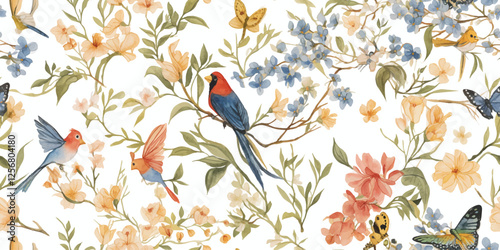 Seamless floral vector pattern with butterflies, flowers, and birds on white background, botanical print