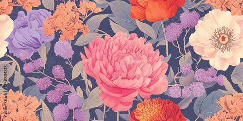 Artistic vintage floral wallpaper print with elegant roses fuchsia peonies lavender hydrangea, seamless vector pattern