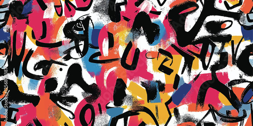 Colorful seamless vector pattern of urban graffiti art, street murals and tags for street art enthusiasts