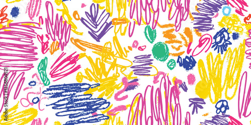 Colorful line doodle seamless pattern. Creative abstract art background collection, festive celebration design. Simple childish scribble wallpaper print texture multicolored Markers strokes