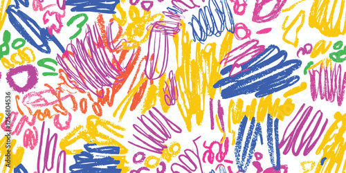 Colorful line doodle seamless pattern. Creative abstract art background collection, festive celebration design. Simple childish scribble wallpaper print texture multicolored Markers strokes
