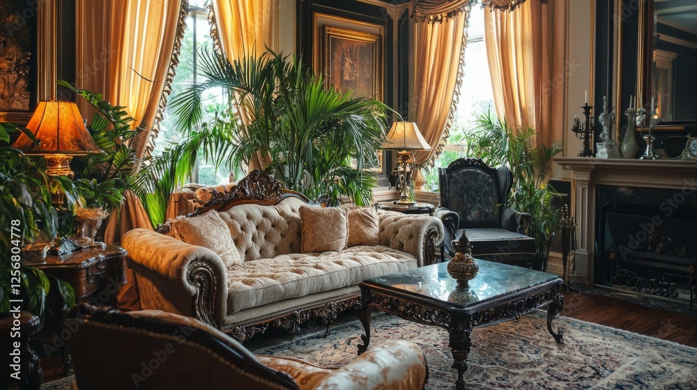 Fototapeta premium Elegant Vintage Living Room with Plush Couch and Greenery Decor