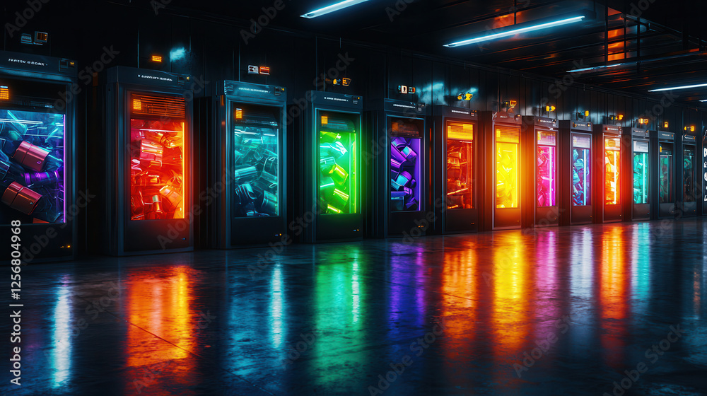 Fototapeta premium vibrant display of illuminated vending machines showcasing colorful items in modern setting, creating futuristic atmosphere