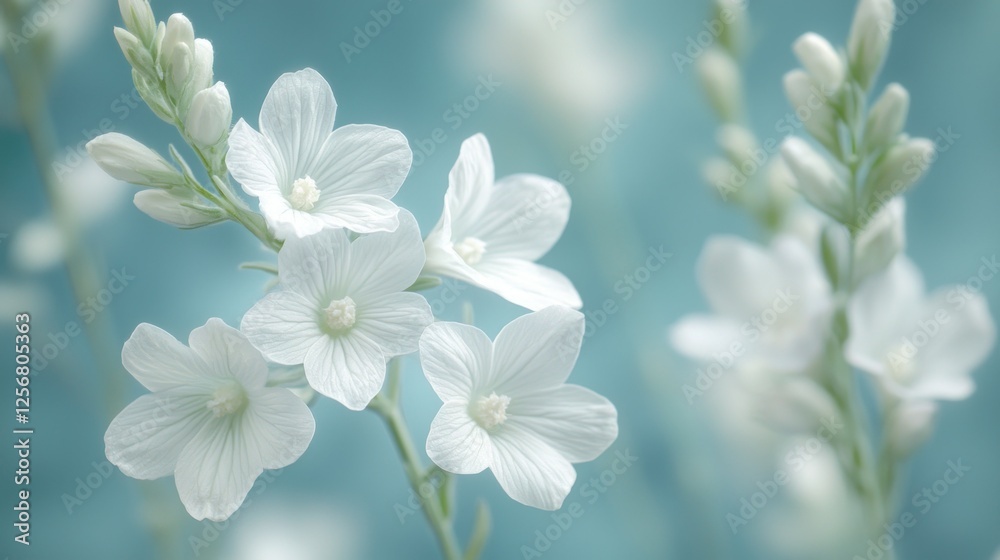 Delicate white flowers in soft focus, teal background, outdoor garden Delicate white flowers in soft focus, teal background, outdoor garden