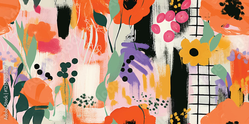 Abstract collage shape seamless vector pattern with colorful geometric doodles. Trendy flat cartoon background, retro shapes in bright childish colors.